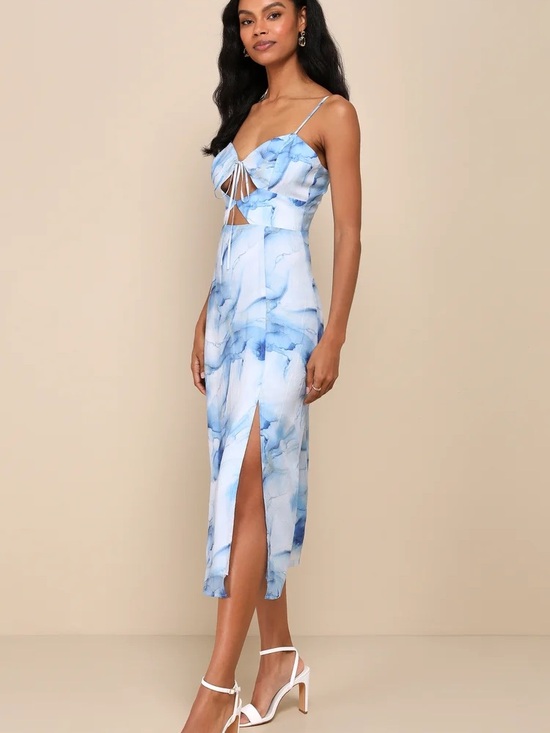 Lulus Dresses & Skirts - NWT Lulus Chicly Femme Light Blue Abstract Tie-Front Sleeveless Midi Dress